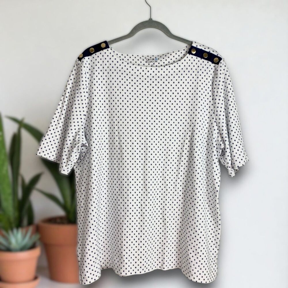 Croft & Barrow XXL Plus White Blue Cotton Top Geometric Print Gold Button